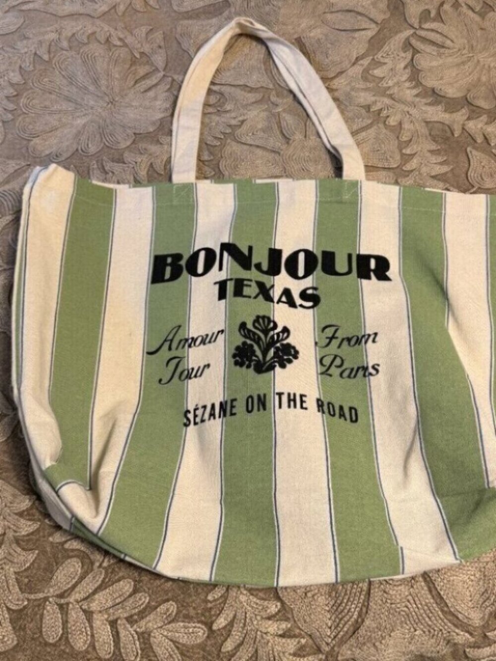 Sézane Bonjour Texas Green and White Striped Tote Bag